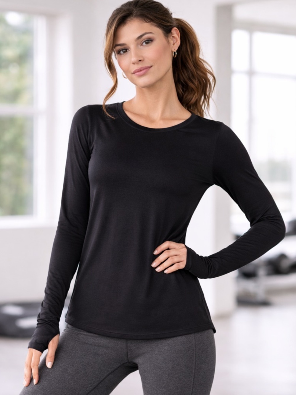 Athleta Black Long Sleeve Performance Top Thumbholes Lightweight Size Small